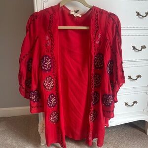 Red Embroidered Kimono Cardigan